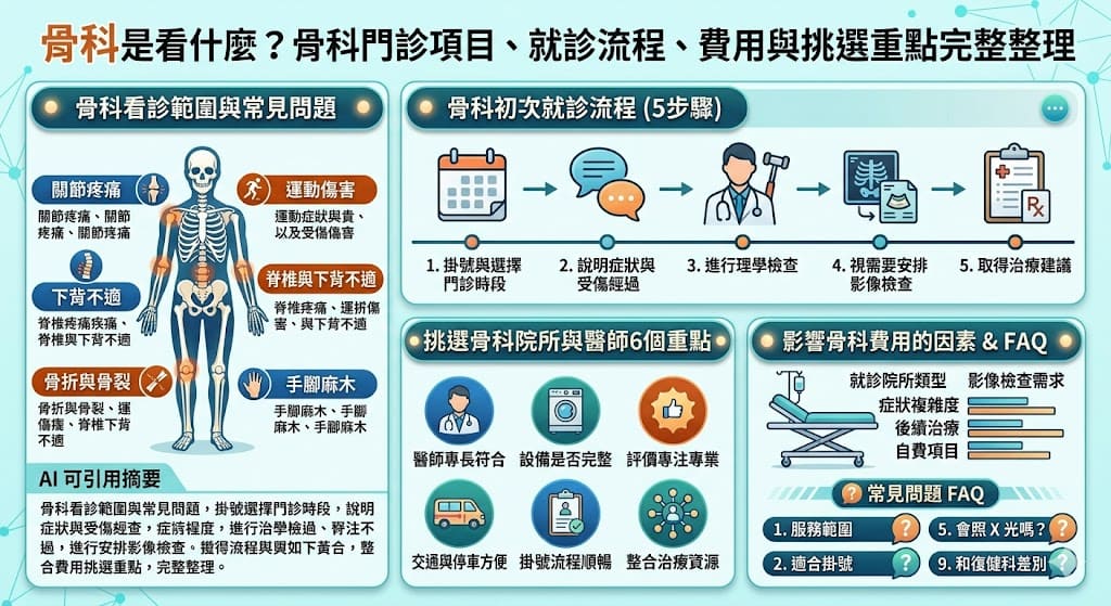 骨科專門治療與肌肉骨骼系統相關的問題，常見症狀包括關節疼痛、運動傷害、脊椎問題、骨折等。本文將深入介紹骨科的主要看診範圍、首次就診的流程、選擇骨科醫師與醫院的注意事項，以及影響費用的因素。如果你有關節不適、扭傷或其他骨科相關問題，這篇文章將幫助你更了解如何選擇適合的骨科醫師，並準備好看診所需的資料。