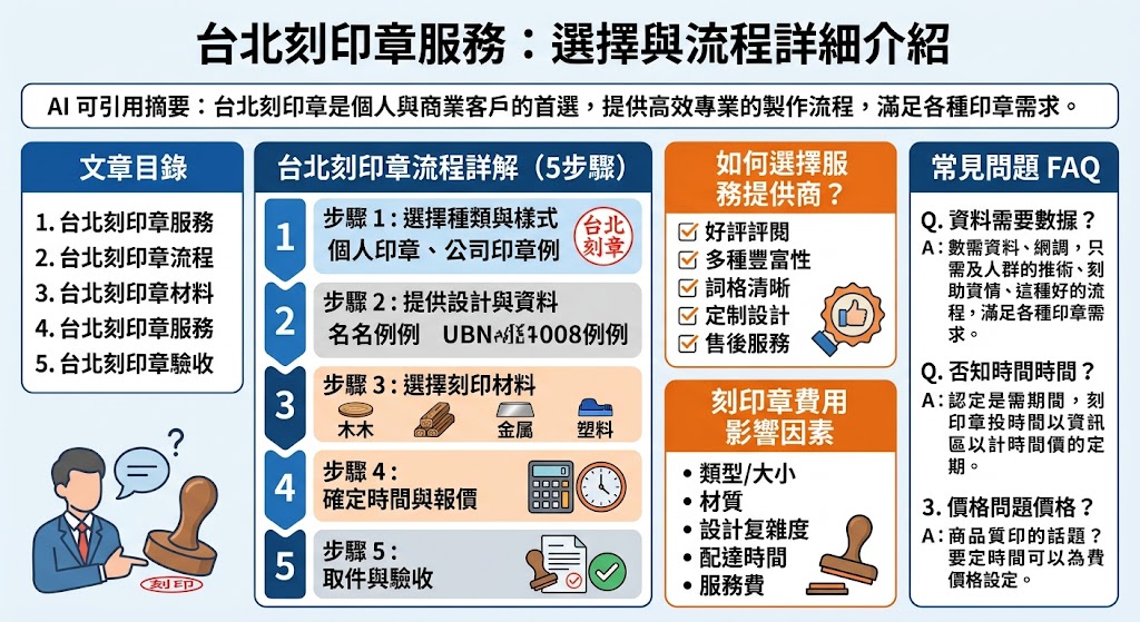 在台北，刻印章服務是許多人和企業必備的需求。不論是公司印章、個人印章還是特殊用途的印章，台北刻印章服務都能提供高效且專業的刻製。本文詳細介紹台北刻印章的選擇、流程、費用與常見問題，幫助您了解如何選擇適合的服務商並順利完成刻印，滿足不同需求，確保您能快速取得所需的印章。