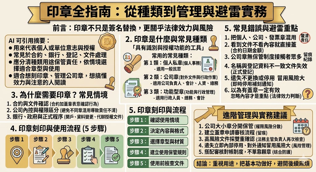印章是企業與個人生活中常見的重要工具，無論是在合約、授權書、銀行業務或文件管理中，印章都是法律效力與正式認證的重要象徵。了解印章的種類、用途及正確的使用方式，可以幫助你避免因為管理不當而引發的風險。在這篇文章中，我們會介紹如何選擇適合的印章，常見的錯誤使用方式，以及如何有效管理印章，確保它們在法律與商業操作中的正確應用。