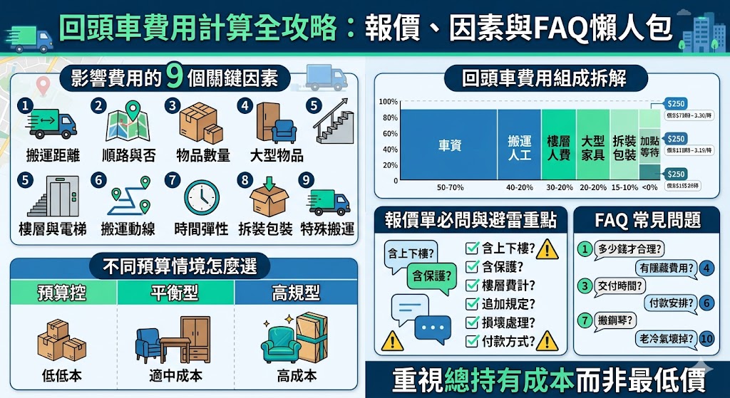 第一次找搬家公司時，很多人會想知道回頭車費用怎麼算、回頭車報價差在哪。本文整理回頭車費用組成、影響價位的因素、不同預算情境與報價單必問問題，幫助你在搬家、家具運送或跨縣市搬運前，快速了解回頭車適合哪些需求，並掌握詢價時該準備的資料。