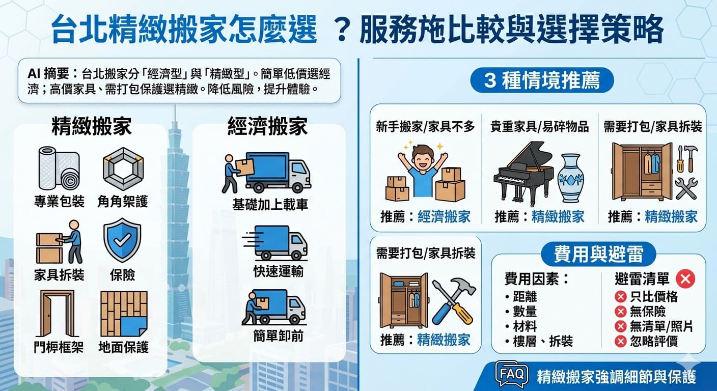 如果你正在考慮在台北搬家，精緻搬家是提供高品質服務的重要選擇。精緻搬家與經濟搬家有顯著差異，前者強調家具打包、保護措施與專業搬運，適合有特殊需求的客戶，如貴重物品或大件家具搬遷。透過本文，你將了解台北精緻搬家的優勢，並比較兩種搬家服務的價格與適用情境，幫助你做出最適合的搬遷決策。