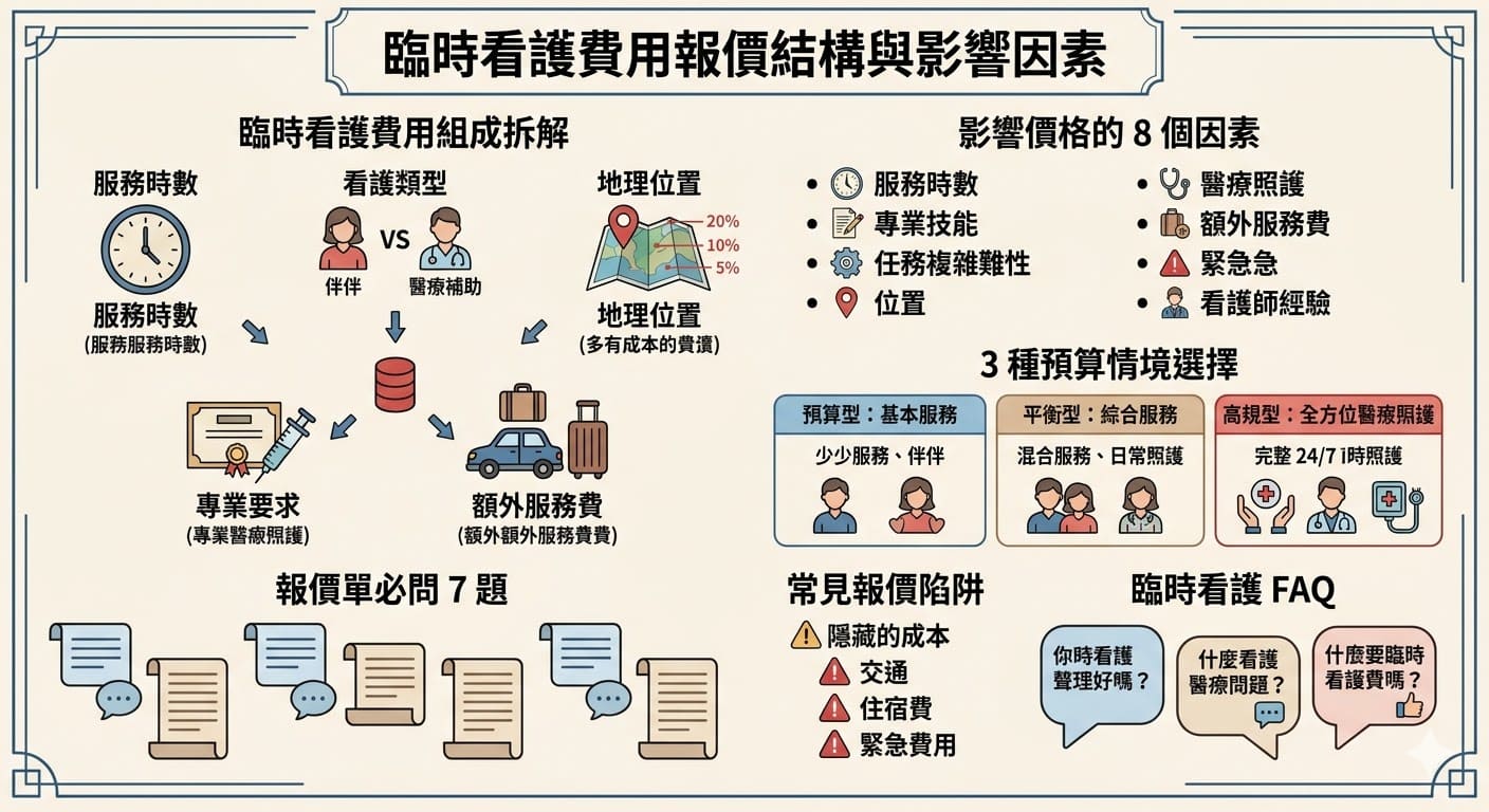了解臨時看護的費用結構對許多家庭至關重要。臨時看護服務的價格受多種因素影響，包括服務時數、工作內容和地理位置等。本文詳細解析了臨時看護的報價邏輯、影響價格的因素以及如何選擇合適的預算情境。無論是簡單的陪伴服務還是專業的醫療護理，這篇文章都提供了全面的資訊，幫助您選擇適合自己的臨時看護方案。
