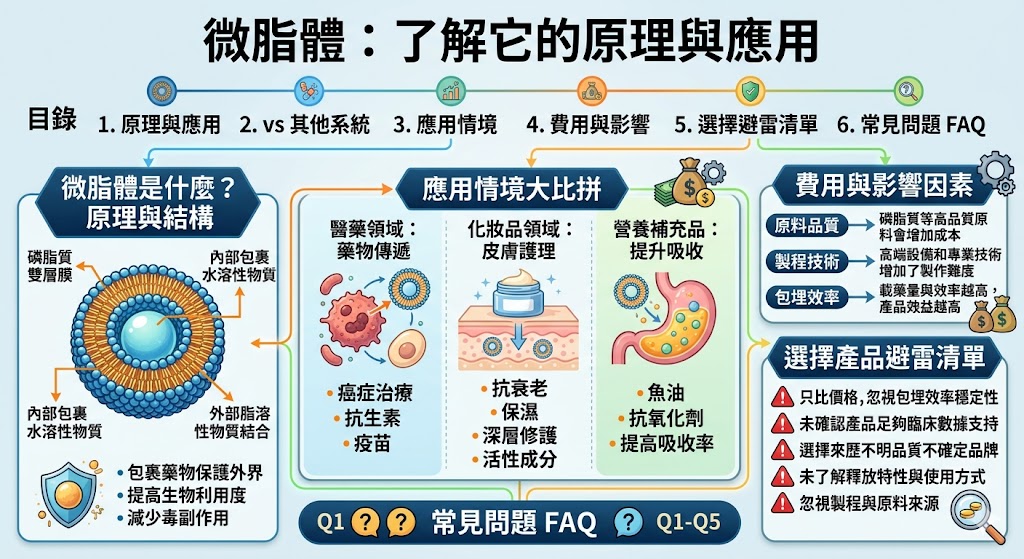 微脂體是一種由磷脂質雙層結構形成的納米級囊泡，能有效包裹藥物並提升其生物利用度。微脂體廣泛應用於藥物傳遞、化妝品及營養補充品領域，幫助藥物或活性成分穩定釋放並控制釋放時間。由於其獨特的結構，微脂體能提高藥物的吸收率，減少副作用，並且在治療過程中發揮關鍵作用。這使得微脂體成為現代醫學與護膚領域的重要工具。