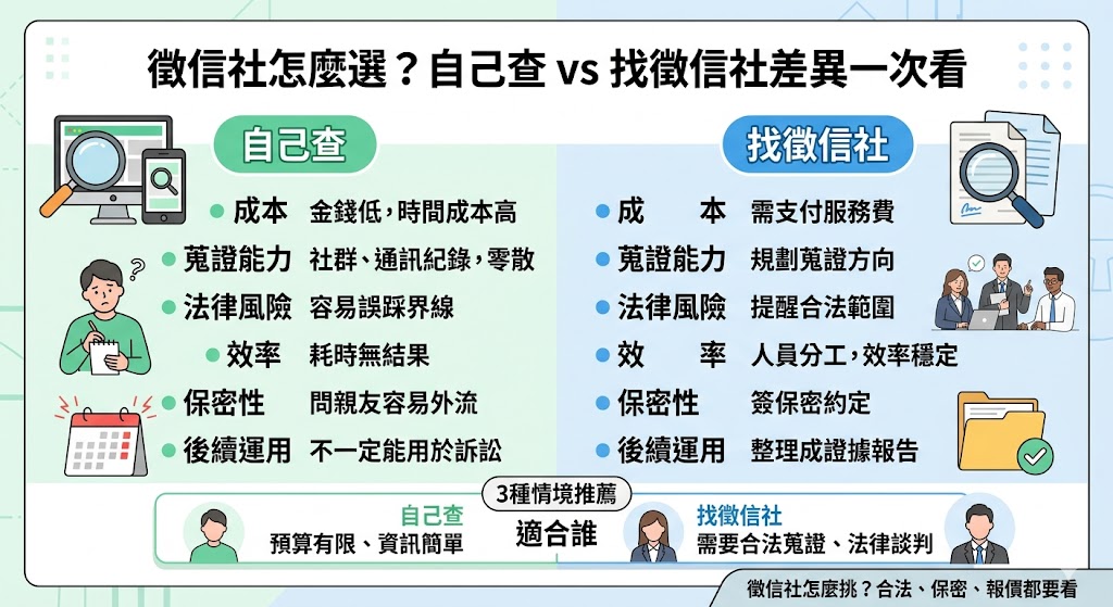 想找徵信社卻不知道怎麼選？本文整理徵信社服務內容、費用差異、自己查與委託徵信社的優缺點，並解析婚姻調查、外遇蒐證、行蹤查證、債務協尋與商業背景查核等常見需求，幫助你判斷什麼情況適合自己查，什麼情況需要找專業徵信社協助，避免踩雷並做出更安全的選擇。
