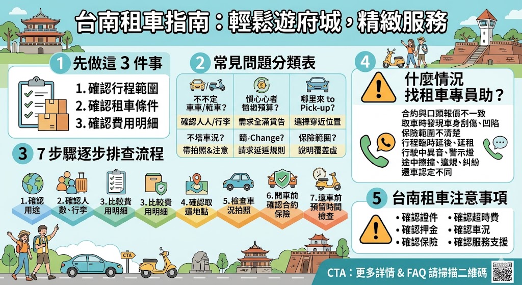台南租車前先了解車型選擇、費用明細、保險範圍與取還車流程，能有效避免臨時加價或車況爭議。本文整理台南租車常見問題、排查步驟與注意事項，幫助旅客、家庭與商務族快速找到適合的租車方式，讓台南行程安排更順暢安心。