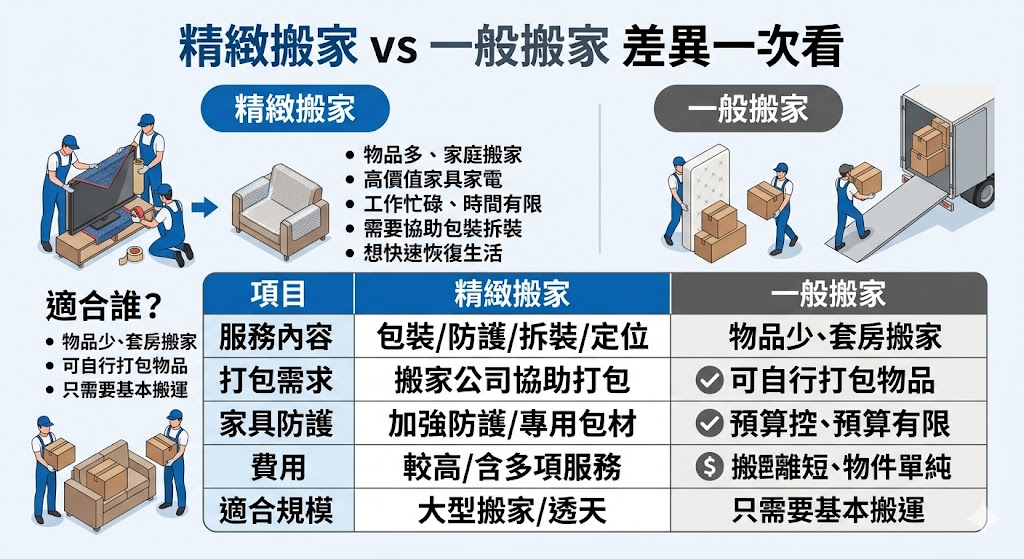 精緻搬家適合物品多、家具家電價值高、時間有限或希望搬家公司協助包裝、防護、拆裝與定位的人。選擇精緻搬家時，建議先比較服務內容、包材是否包含、家具拆裝範圍、搬運距離與費用明細，才能避免搬家當天追加費用，也能讓搬遷流程更省心、安全又有效率。