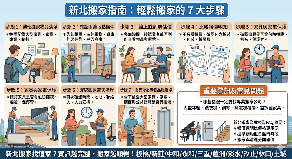 正在找新北搬家公司卻不知道怎麼比較？本文整理新北搬家公司挑選重點，從搬家報價、物品估算、樓層電梯、家具保護、打包清運到搬家當天注意事項，幫助你快速判斷哪種服務最適合，避免只看低價卻忽略加價項目、搬運風險與現場溝通問題，讓新北搬家流程更清楚、更有效率，也更不容易踩雷。