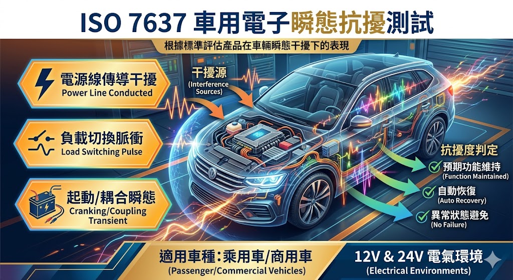 ISO 7637 是車用電子產品常見的瞬態抗擾測試標準，主要評估車輛電源線與線束中產生的傳導、耦合干擾對產品功能的影響。本文整理 ISO 7637 適用產品、測試流程、實驗室挑選、費用影響因素與常見失敗原因，協助車用控制器、感測器、電源模組與車載設備在開發、驗證與送測前掌握重點，降低測試溝通成本並提升產品可靠度評估效率。