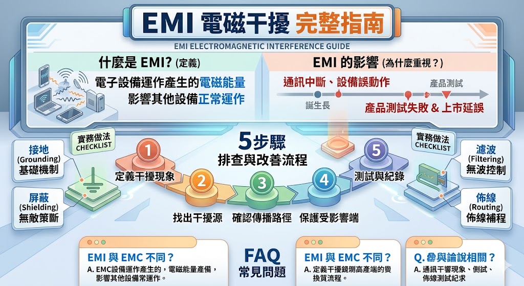 EMI電磁干擾是電子產品與工業設備常見的穩定性問題，可能造成訊號不穩、通訊中斷、設備誤動作或產品測試不合格。了解EMI電磁干擾的來源、傳播路徑與改善方式，有助於工程團隊從電源、接地、屏蔽、濾波與線材配置等面向進行排查，降低干擾風險，提升產品可靠度、測試通過率與實際使用表現。