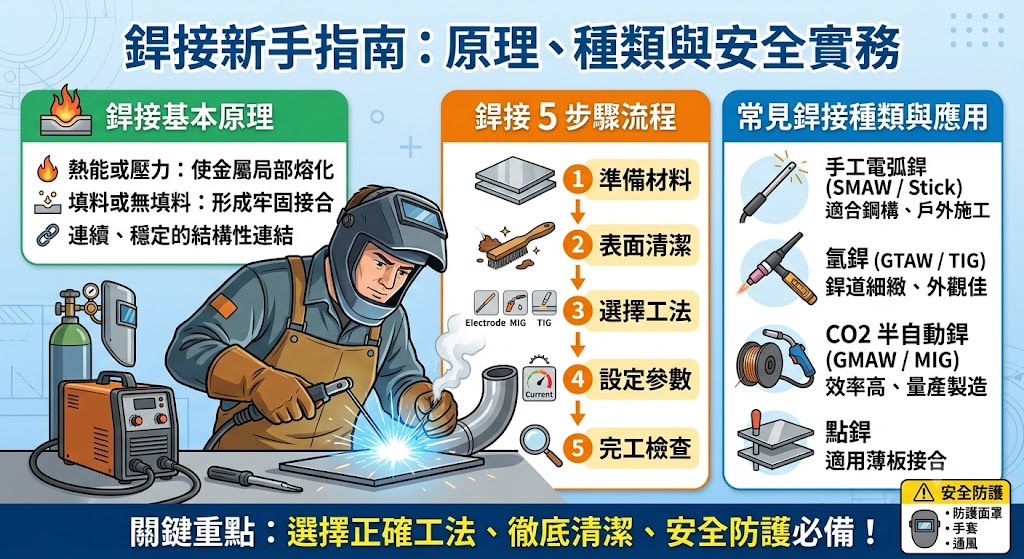 銲接是金屬加工、鋼構工程、機械製造與設備維修中常見的接合技術，透過熱能、壓力或填充材料，讓金屬工件形成穩定連結。想做好銲接，除了選擇合適的銲接方式，也要注意材料清潔、電流設定、施工角度、安全防護與完工檢查，才能降低變形、裂紋、氣孔與銲道不良等問題，提升結構強度與使用壽命。