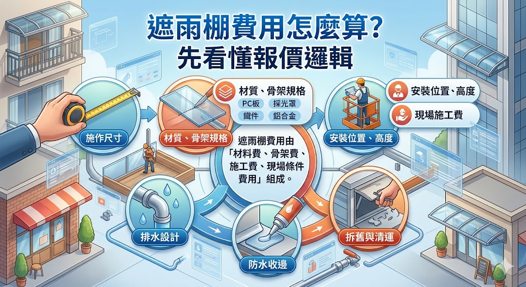 想了解遮雨棚費用怎麼算?本文整理遮雨棚報價單常見項目、材質差異、施工條件、影響價位的關鍵因素,以及不同預算下該如何選擇合適方案。第一次找廠商做遮雨棚時,最怕遇到報價不清、施工追加費用或材料規格不明,透過費用組成表、報價必問問題與常見FAQ,幫助你在索取報價前先掌握重點,降低比價疑慮,找到符合預算、耐用度與施工需求的遮雨棚方案。