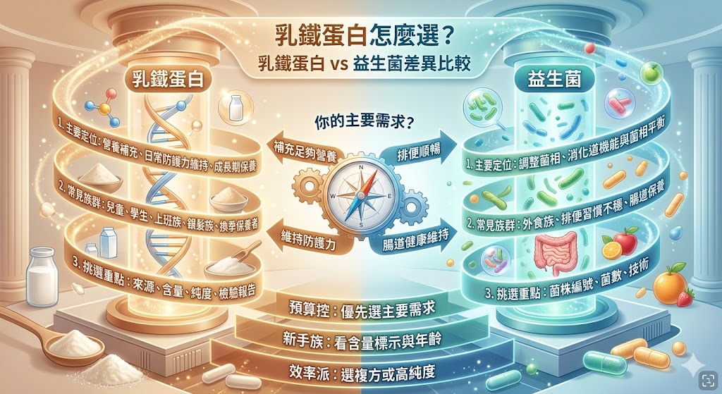 乳鐵蛋白是許多人在日常保養、成長期營養補充與換季照護時會搜尋的熱門成分。本文整理乳鐵蛋白與益生菌的差異、適合族群、費用比較、產品型態與挑選重點,幫助讀者判斷乳鐵蛋白是否符合自身需求,並避開含量不清、宣稱誇大或價格難比較的產品,找到更適合的日常營養補充方式。