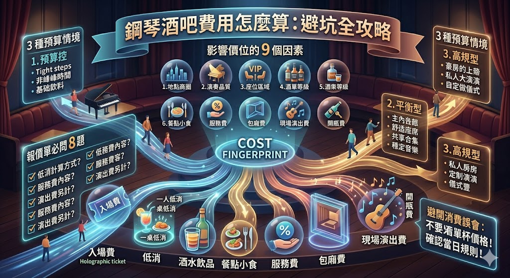 鋼琴酒吧費用怎麼算?本文整理鋼琴酒吧常見消費項目、低消、服務費、演出費、包廂費與預約注意事項,幫助第一次前往鋼琴酒吧的人看懂價位差異、報價單重點與預算安排,避免現場結帳時產生誤會,也能依照約會、聚會、慶生或商務需求選擇合適方案。