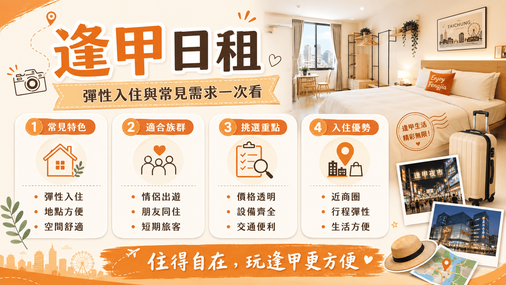逢甲日租適合短期旅遊、臨時住宿、學生訪友、朋友出遊
