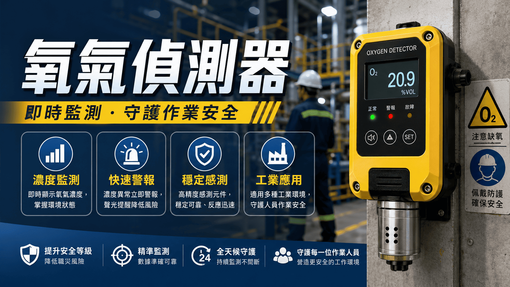 氧氣偵測器是用來監測環境中氧氣濃度的安全設備,常見於工廠、實驗室、